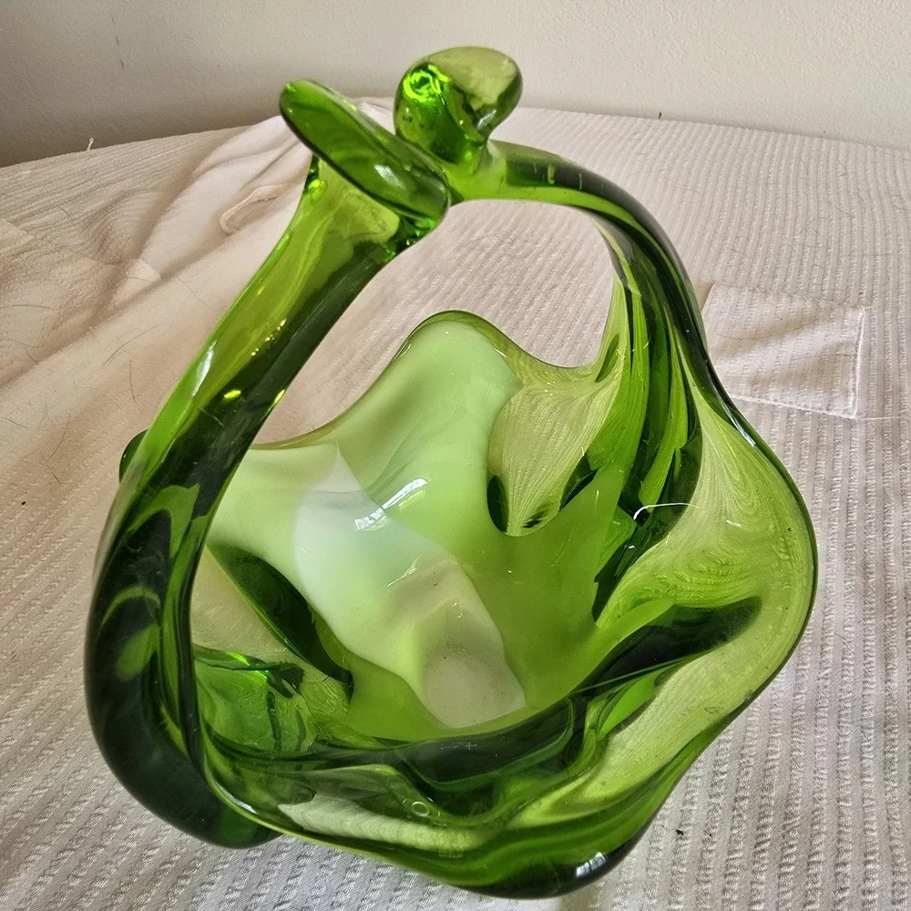 MCM 1960 Emerald Green and White Handblown Glass Basket Candy Dish Bohemian Form